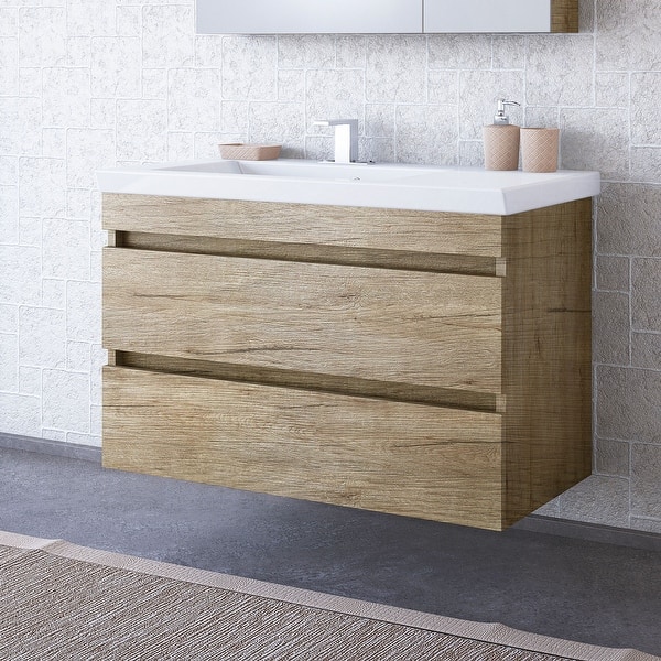 Elena 32" Natural Wood Floating Vanity with Integrated Sink Bed Bath & Beyond 32167336